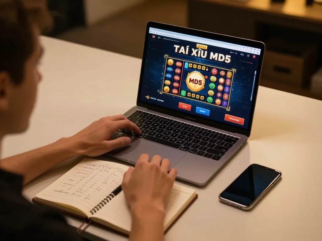 Tài Xỉu MD5 game interface displayed on laptop in a cozy gaming setup with betting strategies.