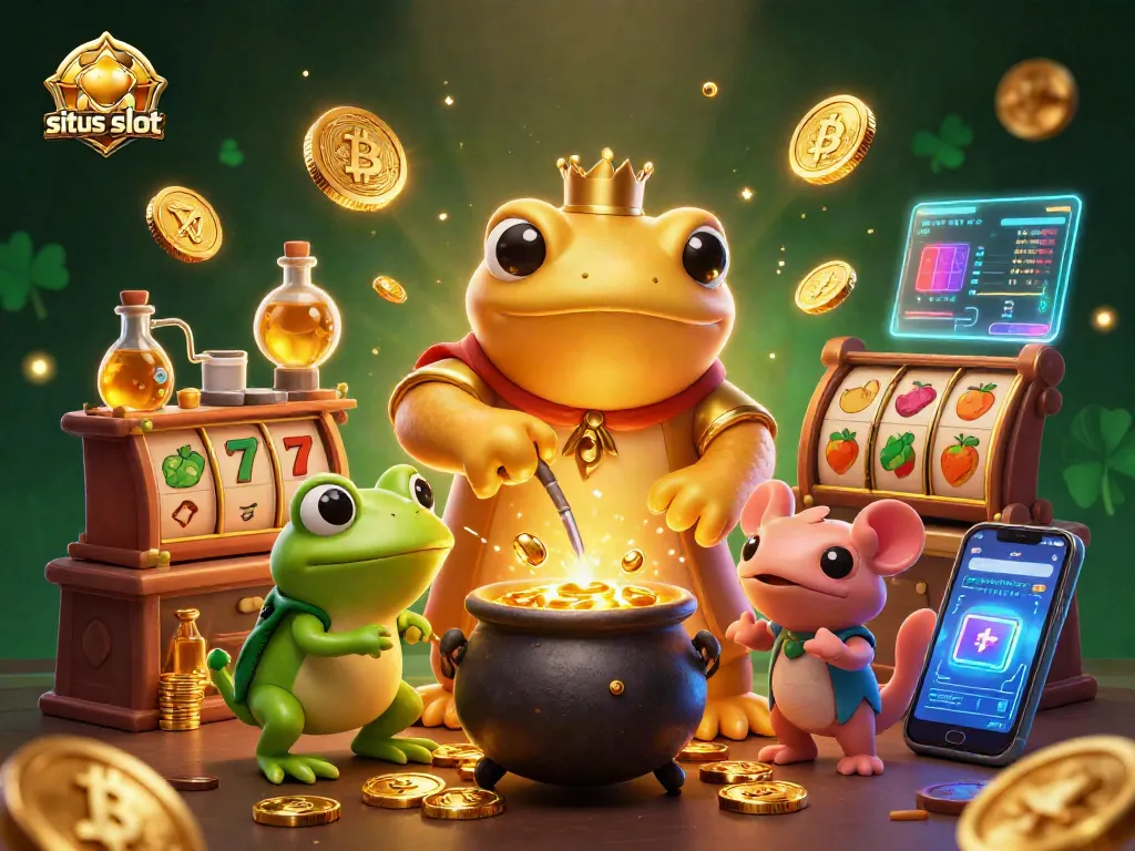 Situs slot menghadirkan permainan menarik dengan simbol slot, jackpot, dan koin emas mengelilingi alkemis