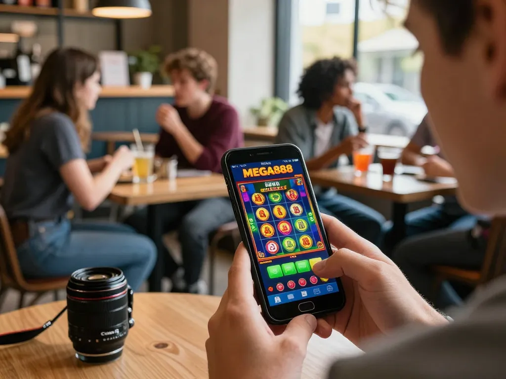 Engaging experience playing Mega888 Brand on mobile app in lively café setting, showcasing vibrant gameplay.
