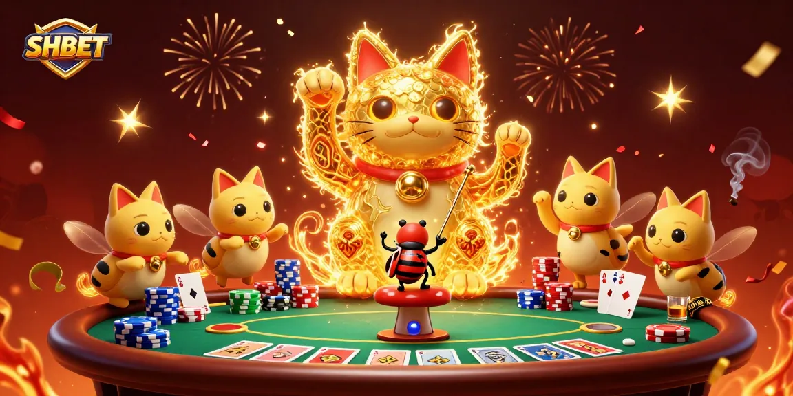 Experience exciting gambling with SHBET through a vibrant 3D illustration of a lucky cat and casino elements.