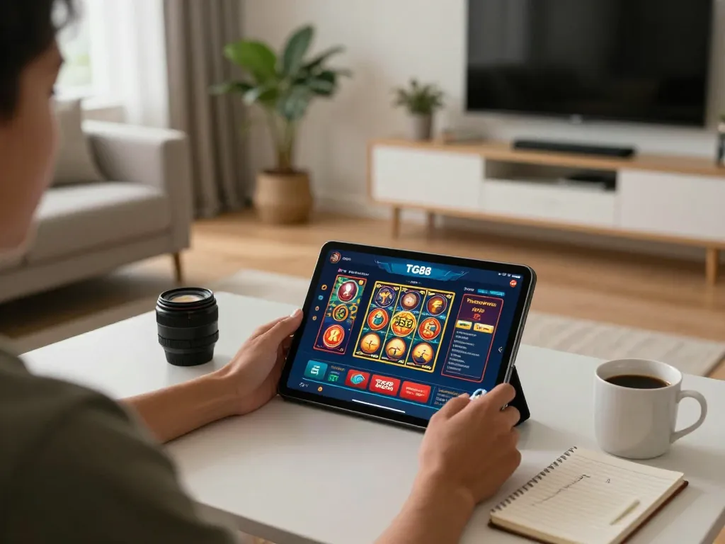 Player enjoys gaming on the TG88 app in a cozy home setting, highlighting responsible gaming.