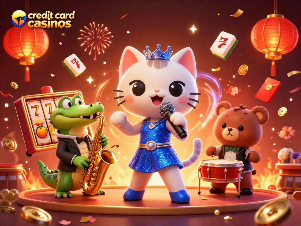 Experience the excitement of credit card casinos with jazz characters and festive casino elements.