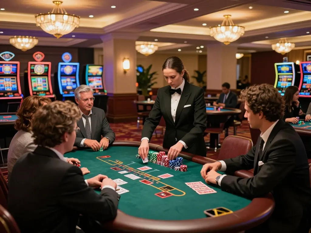 MM88 blackjack table action with players engaged in strategic gameplay at an upscale casino.
