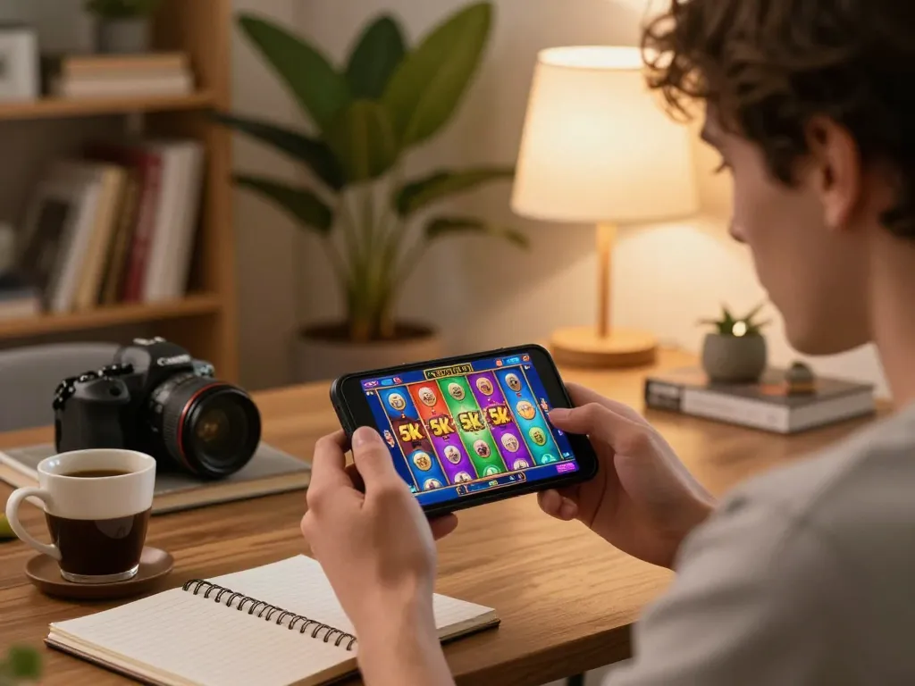 Player enjoying a thrilling online slot 5k game on smartphone, reflecting responsible gaming in a cozy home setup.