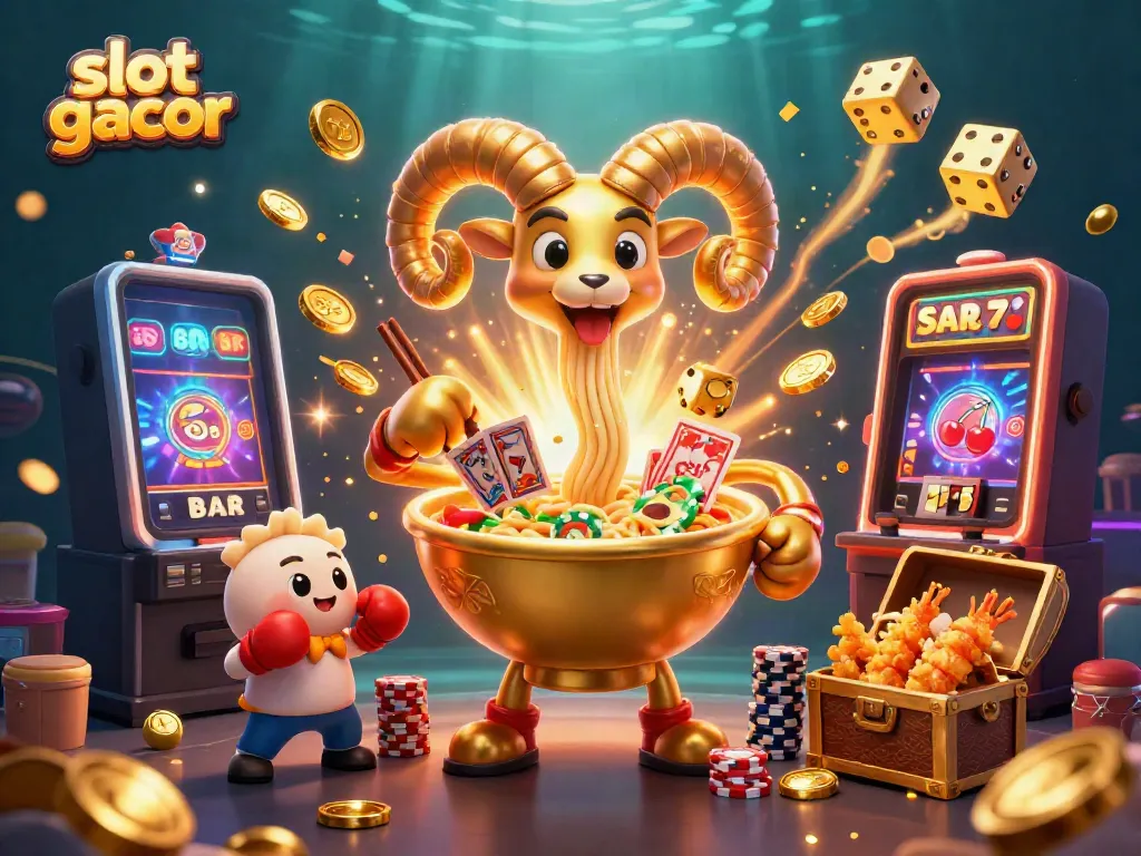 Gambar slot gacor yang menampilkan karakter ramen emas dan elemen permainan kasino yang dinamis.
