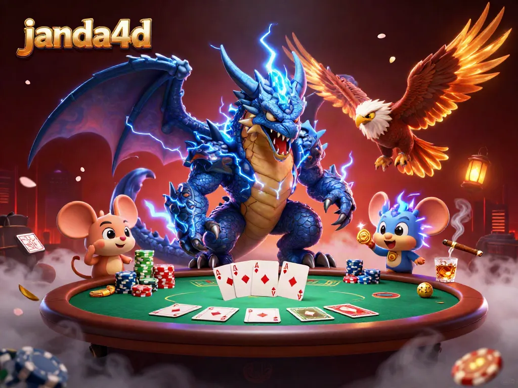 Permainan poker menarik di JANDA4D dengan karakter naga dan burung elang menghidupkan suasana.