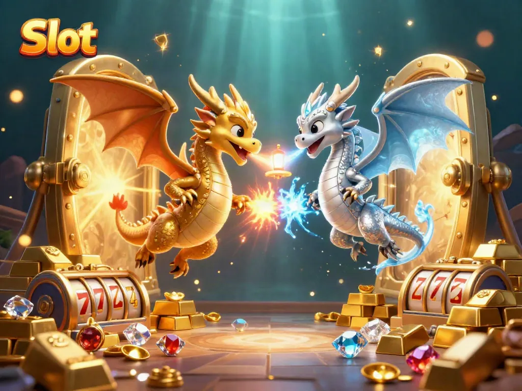 Pemain Slot beraksi dengan mesin slot, berlian, dan koin emas dalam ilustrasi 3D fantastis.