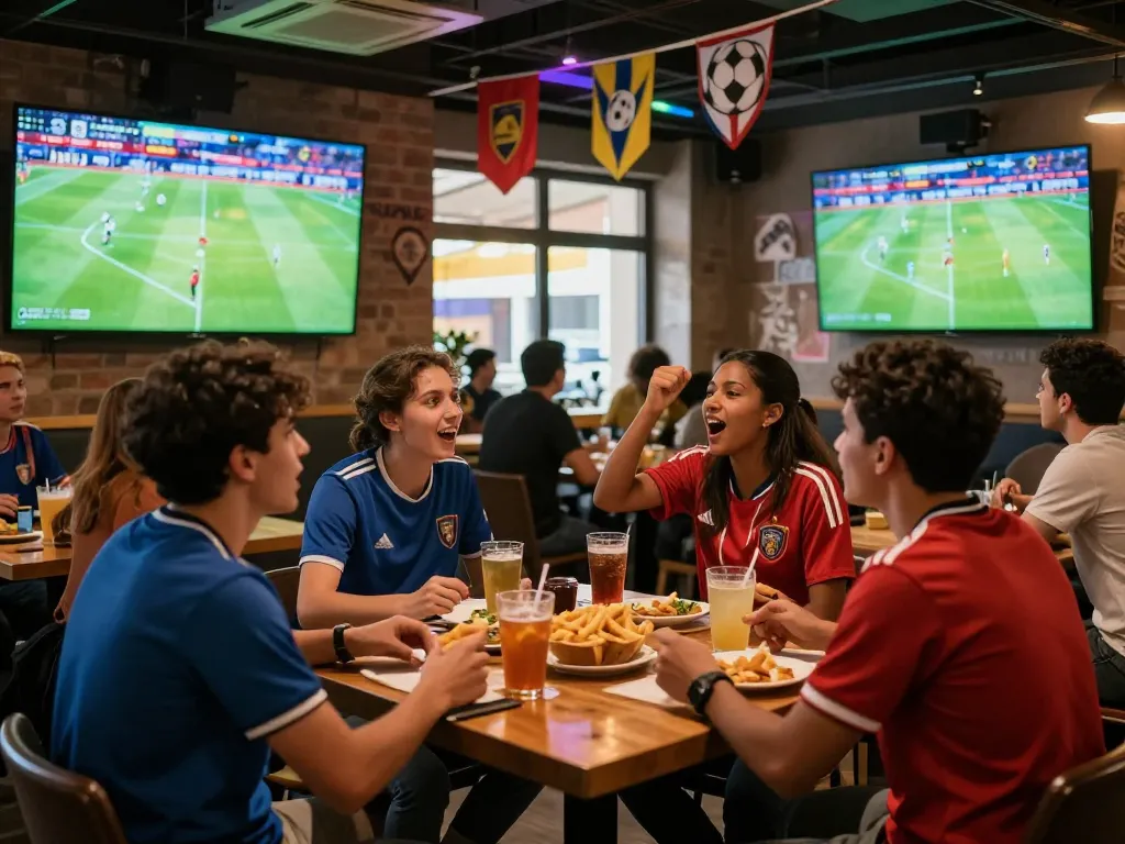 Fans at Luong Son TV enjoying live football match in a lively sports cafe atmosphere.