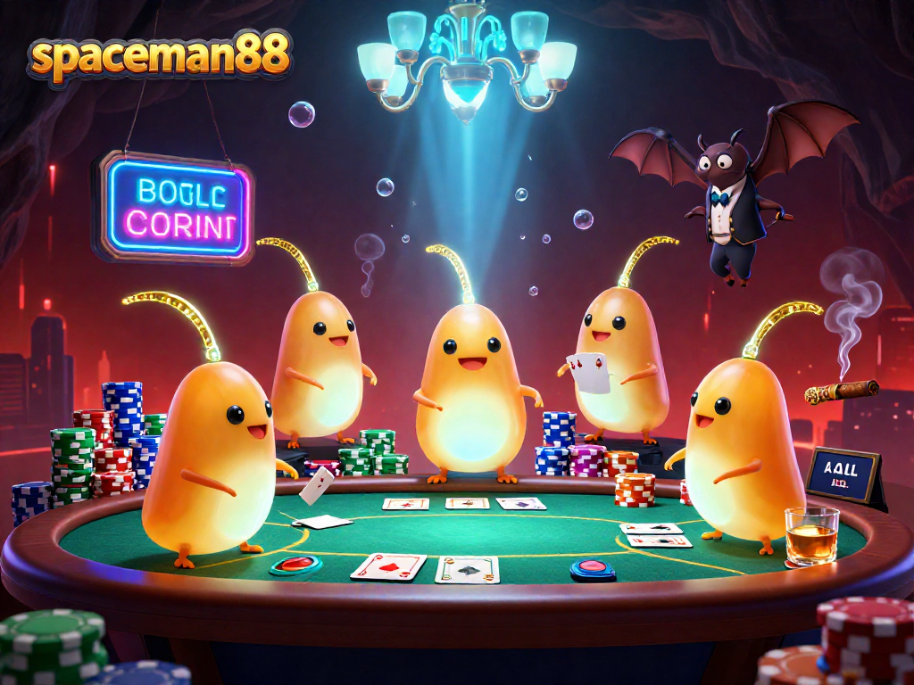 Spaceman88 casino adventure featuring colorful glowworms illuminating a vibrant poker table scene.