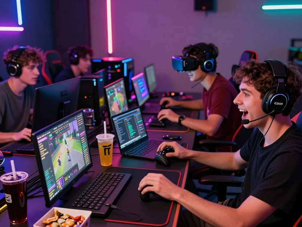 Friends enjoying engaging online gaming with sunwin platform in a vibrant lounge setting.