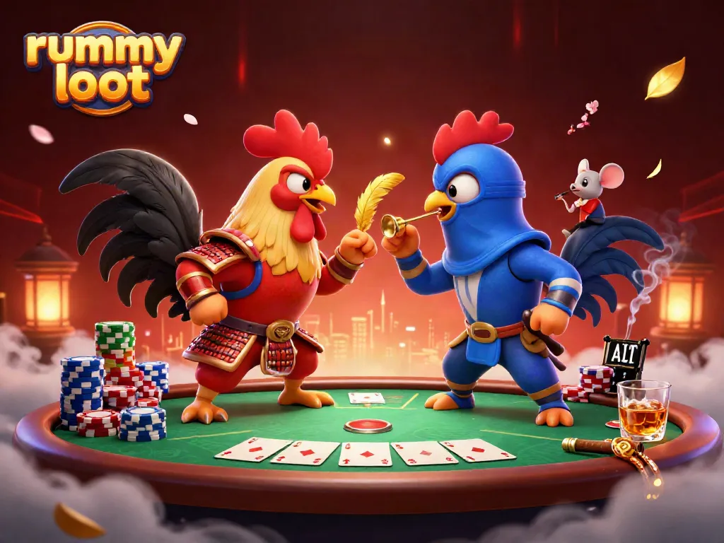 Engage in rummy loot gameplay as roosters battle at a vibrant poker table surrounded by colorful chips.