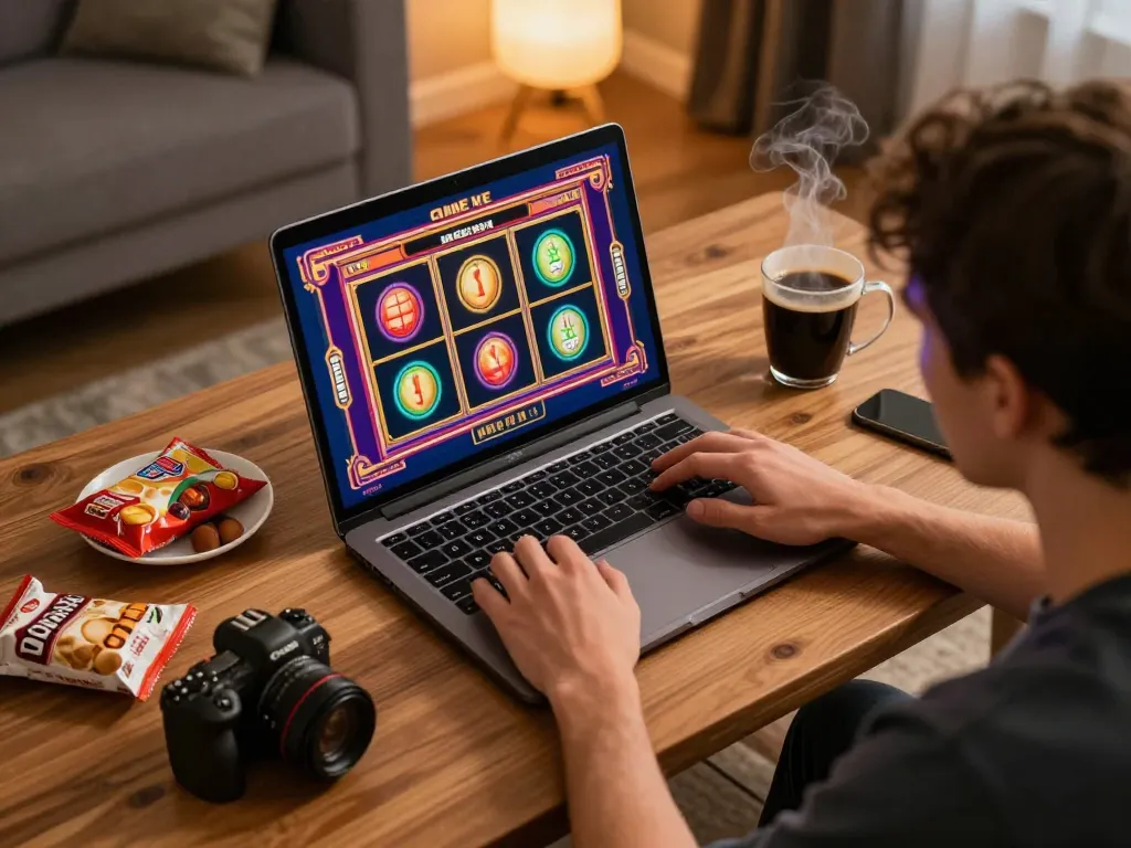 Player enjoying an exciting online gaming session with open888 slot machine interface at home