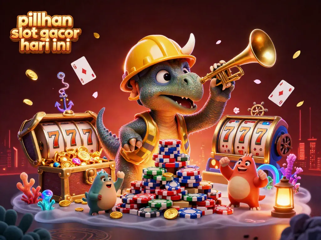 Menampilkan pilihan slot gacor hari ini dengan triceratops dan parasaurolophus merayakan jackpot slot.