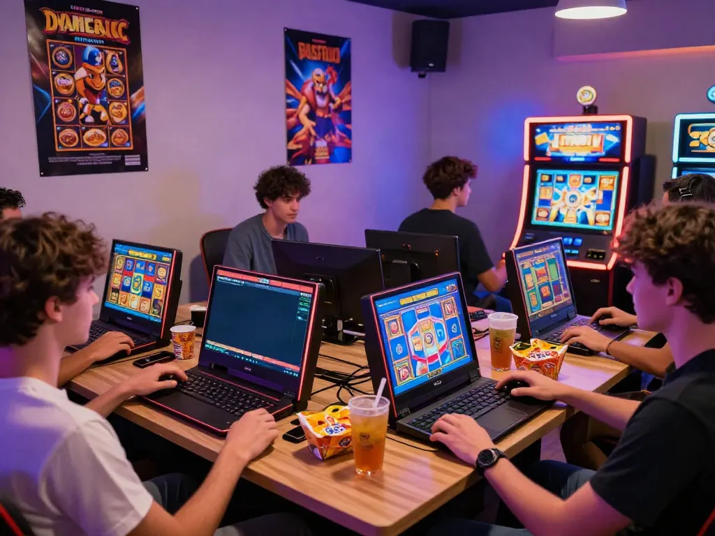 Suasana permainan judi pragmatic online dengan teman-teman bermain slot di perangkat mereka.
