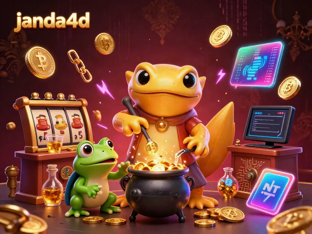 Janda4d, platform slot gacor dengan koin emas dan jackpot mengelilingi alkemis raksasa dalam ilustrasi.
