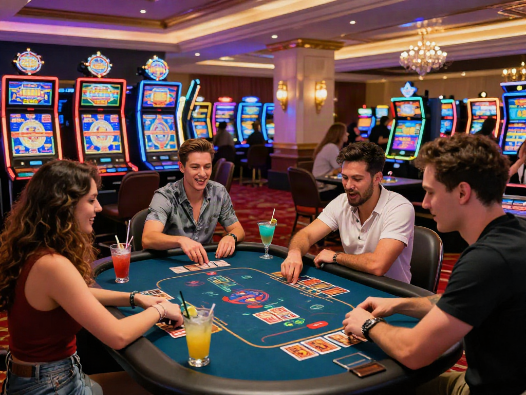 Friends engaged in playing slots at a vibrant casino table surrounded by colorful machines and cocktails