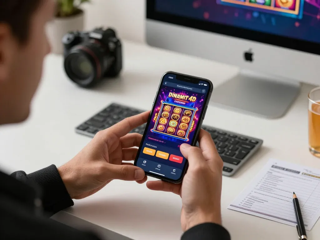 Engaging mobile gaming with dinamit4d app in modern workspace, highlighting responsible fun