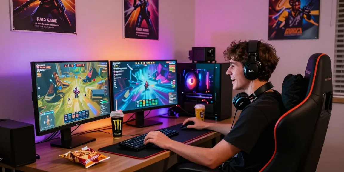 Engaging in Raja Game login on multiple monitors in a vibrant gaming setup.