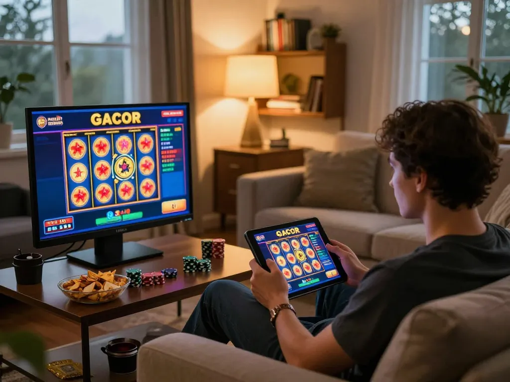 Person engaging in link slot gacor game on tablet at home, showcasing comfortable online gambling experience.