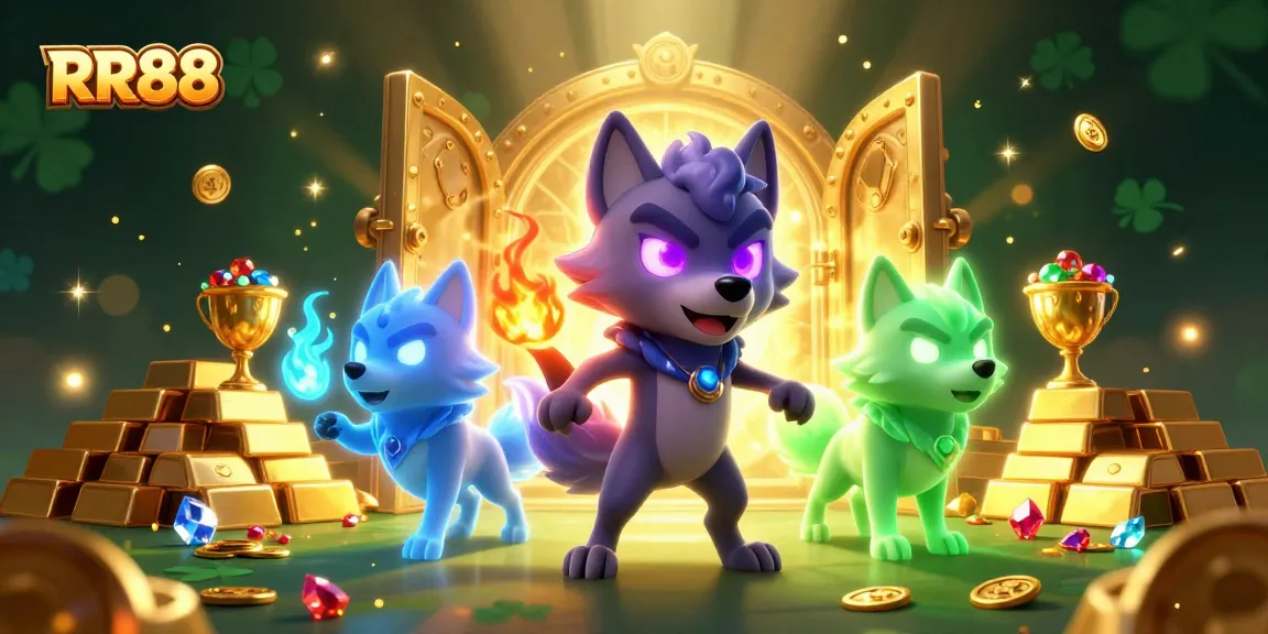 Experience the excitement of RR88 with glowing wolves and treasures bursting in this 3D illustration.