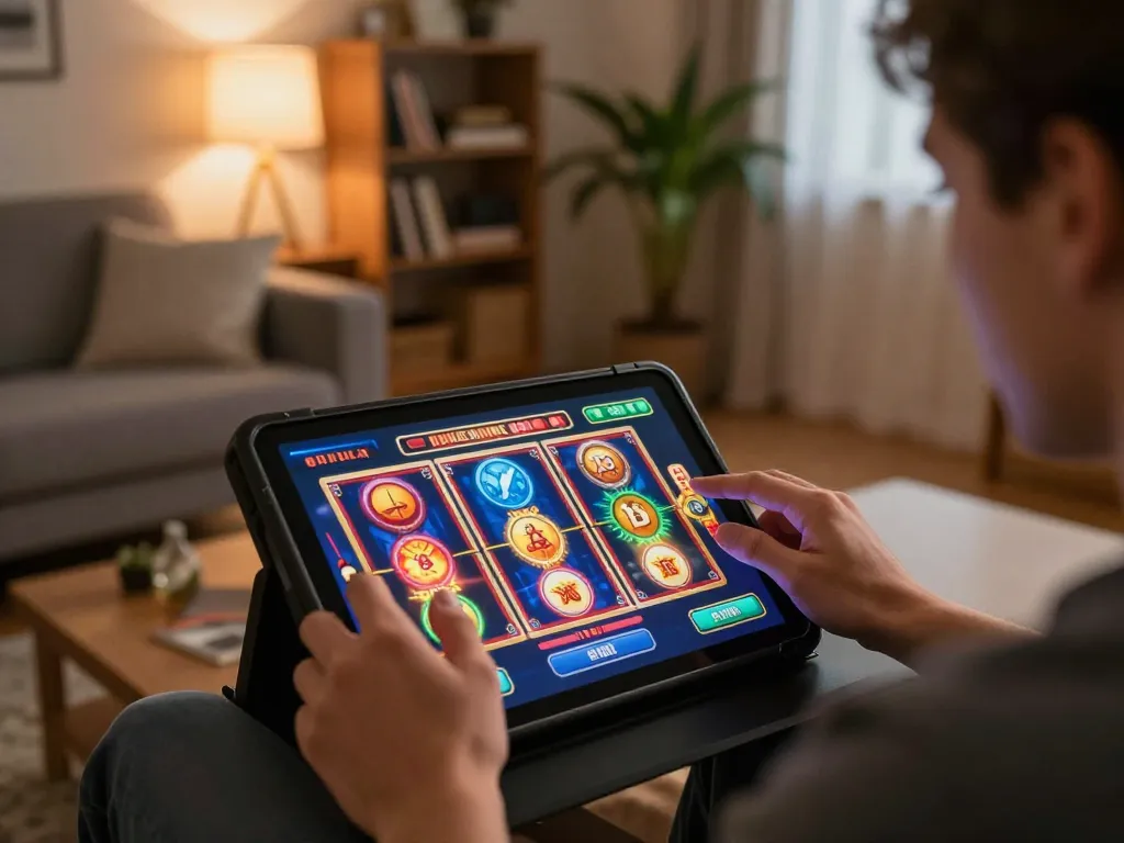 Engaging with octaslot on a tablet in a cozy home setting, highlighting colorful online gaming.