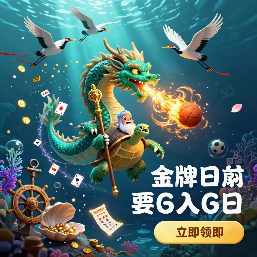 Dragon, turtle sage and cranes in a glowing underwater treasure cove with neon casino effects.