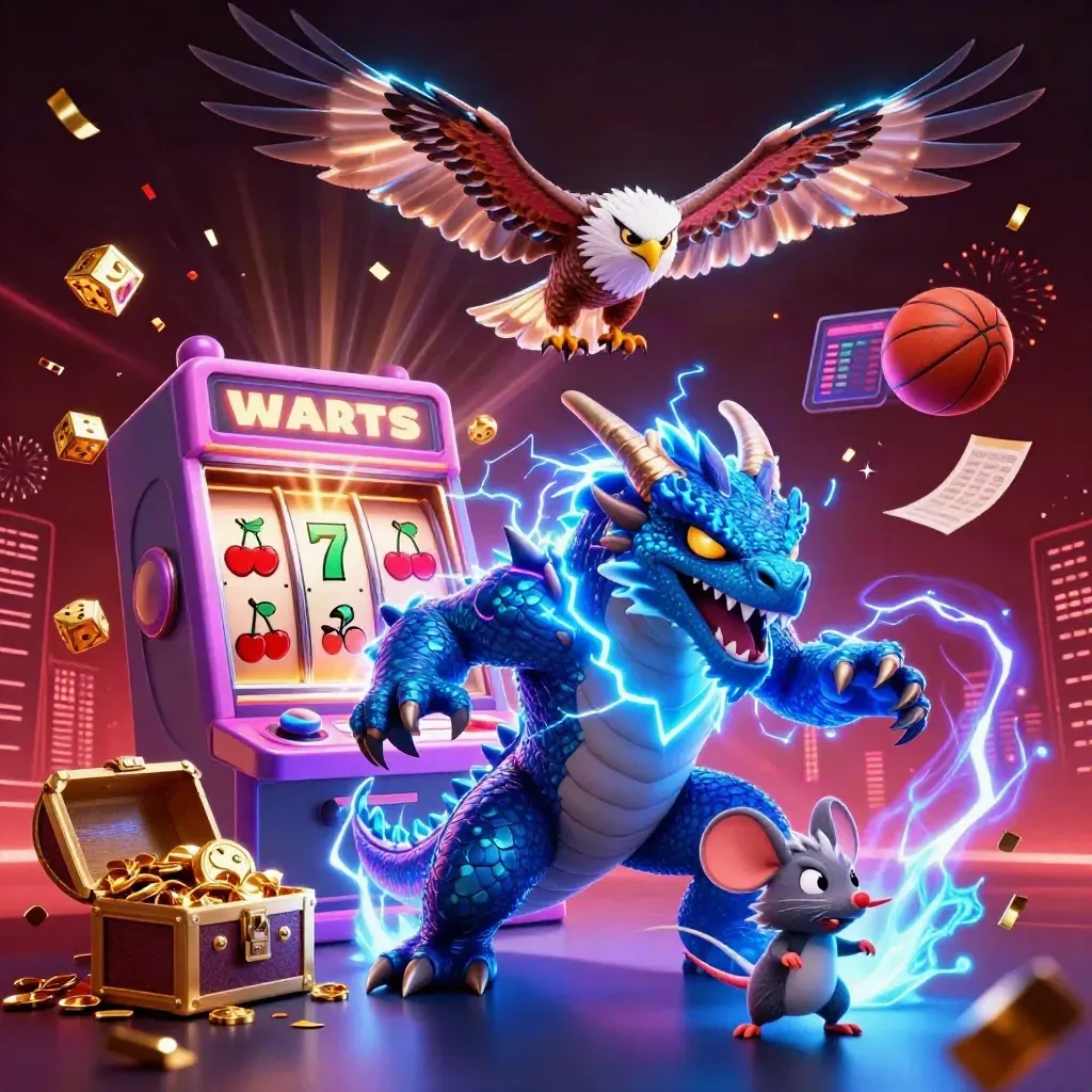 Thunder dragon, wind hawk, and static mouse amid neon slot bursts and flying sports balls.