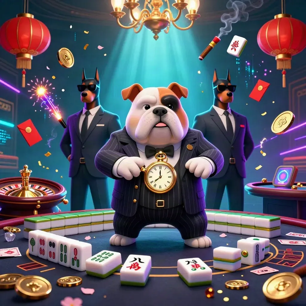 Cartoon mafia bulldog and Dobermans in a neon casino scene with mahjong tiles and glowing effects.