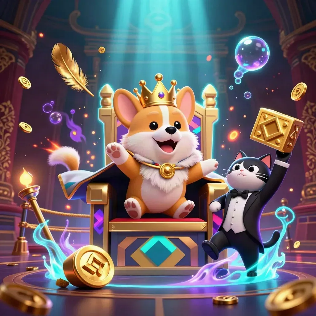 Royal corgi and cat butler amid coins, temple gate, and neon casino glow