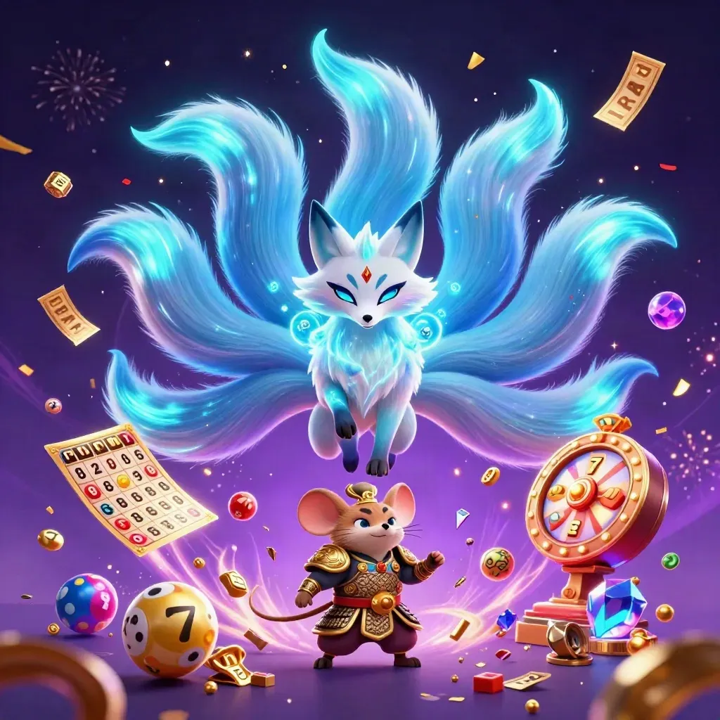Neon fox spirit and golden mouse amid casino treasures, balls, tickets, and fireworks