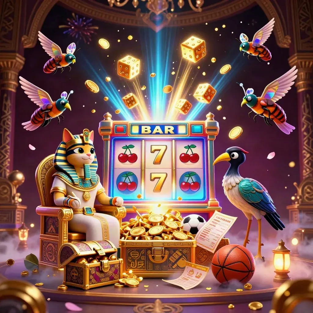 Pharaoh cat, ibis scribe, scarabs, exploding slot machine, coins, gold, and neon casino effects.