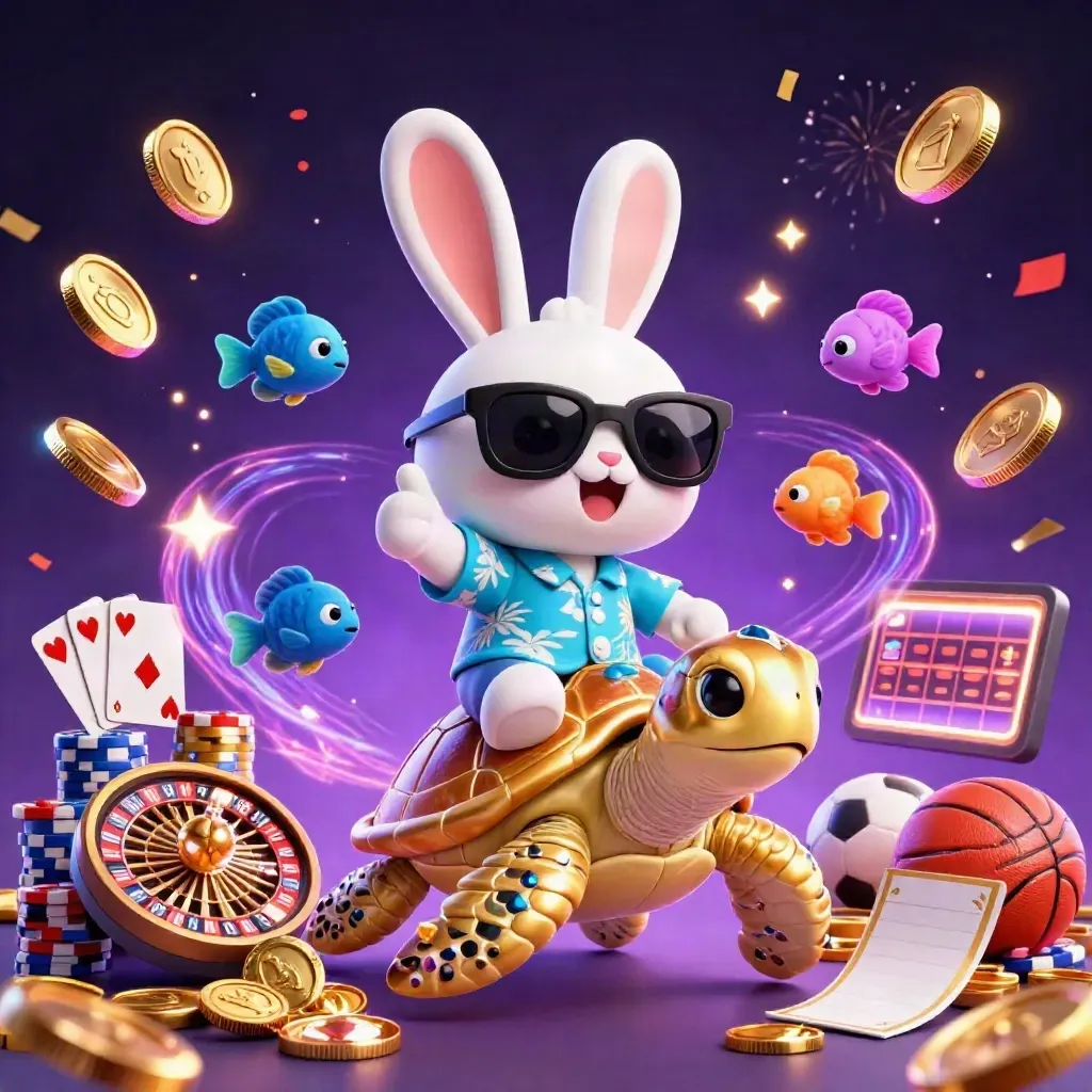 Lucky rabbit rides a gold turtle amid coins, chips, cards, fireworks, and neon casino magic.