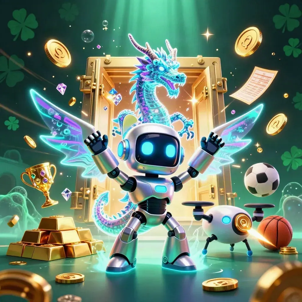 Cyberpunk robot, holographic dragon, and coin drone amid a bursting gold vault and casino rewards