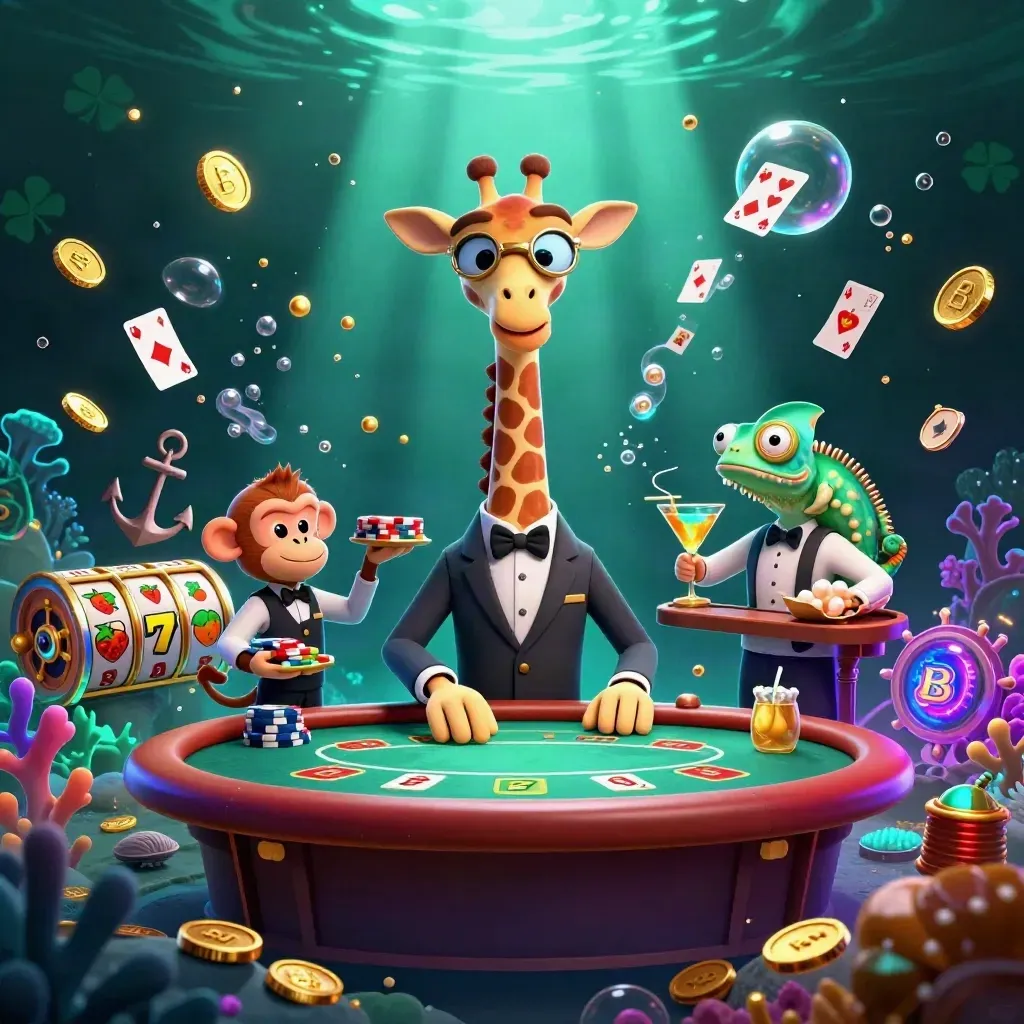 Giraffe, monkey, and chameleon in neon underwater casino treasure with cards and coin showers.