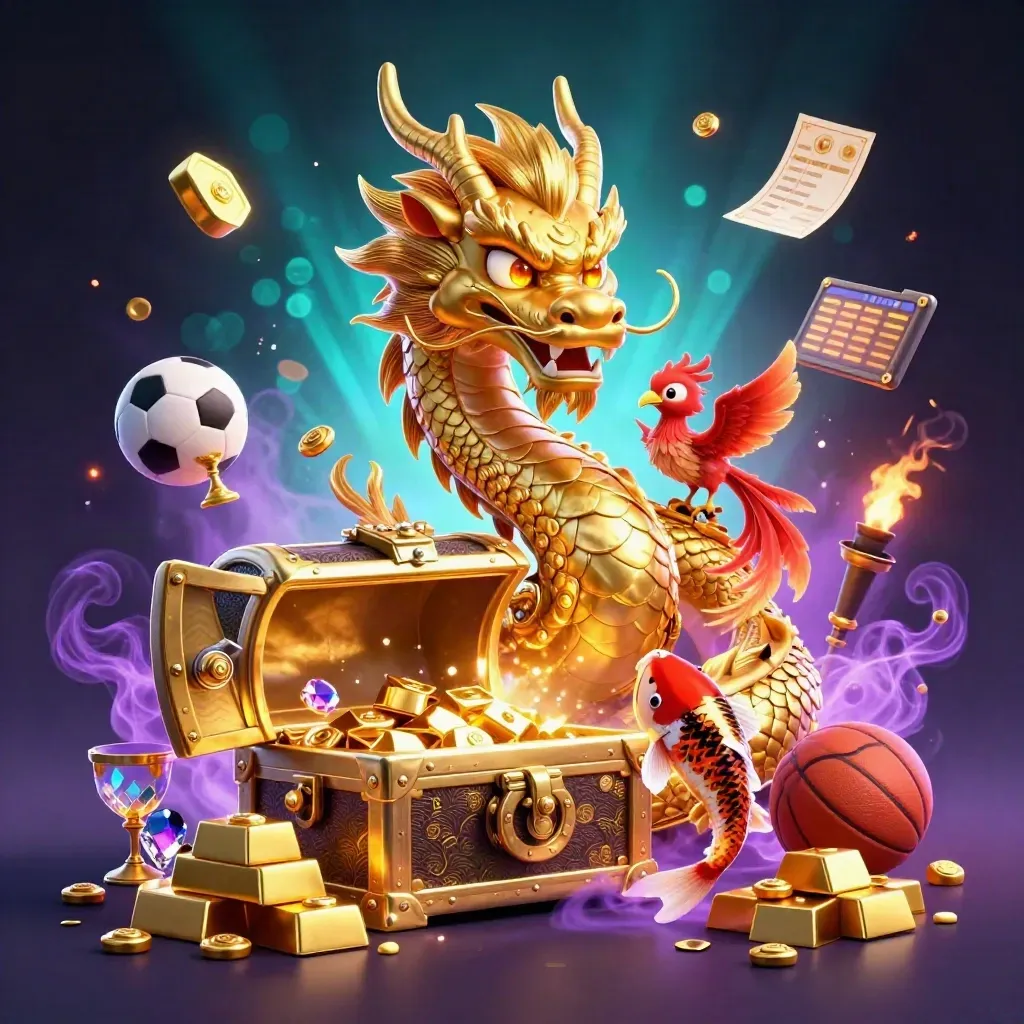 Golden dragon with phoenix and koi, bursting vault, gold, sports props, cyan-purple neon casino art