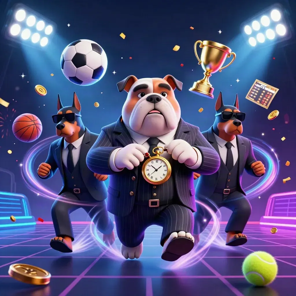 Bulldog boss with Doberman bodyguards amid flying sports balls, gold, neon lights and confetti.