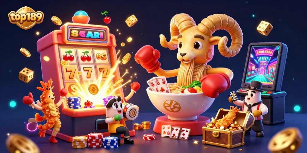 Engage in thrilling gameplay with top189's vibrant casino scene featuring colorful characters and exciting game elements.