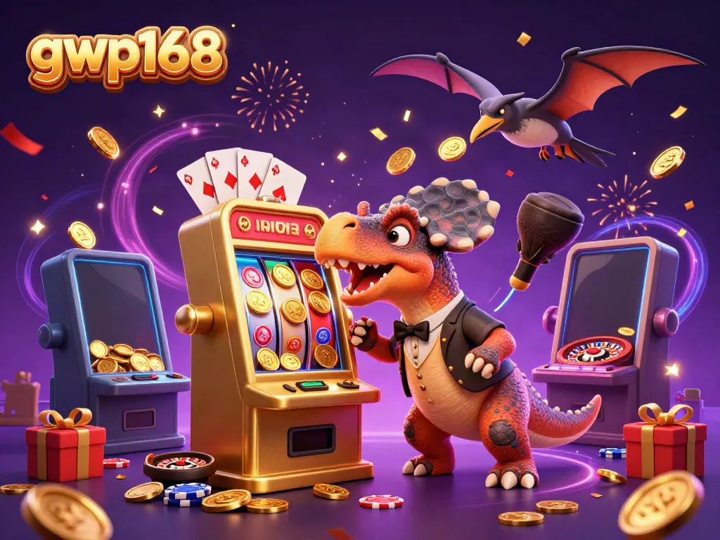 Gwp168 merayakan kemenangan dengan dinosaurus dan mesin slot menghasilkan koin emas