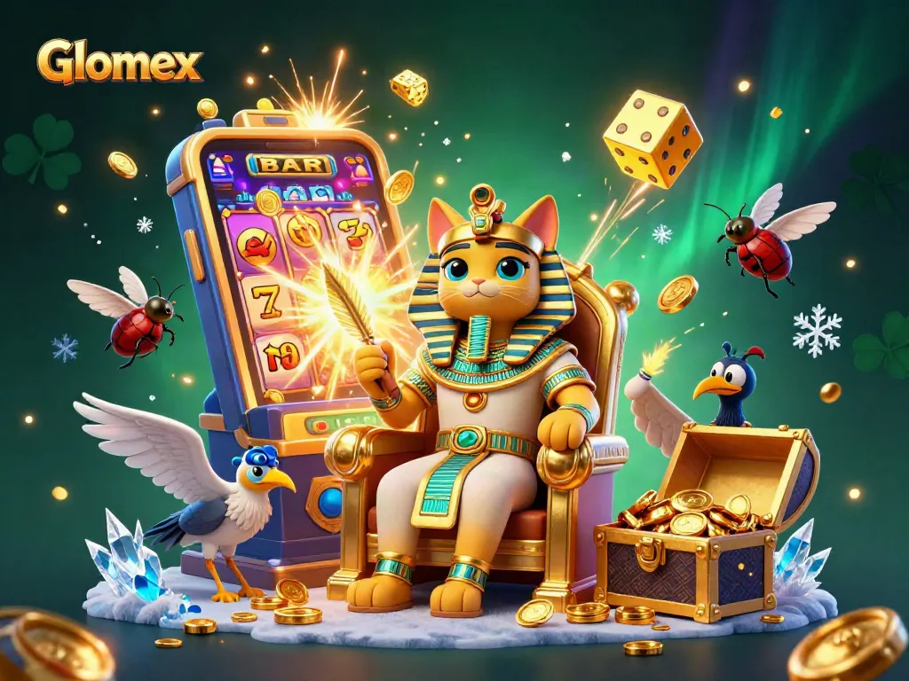 Engage with Glomex's dynamic casino action, featuring a pharaoh cat and slot machines bursting with coins.
