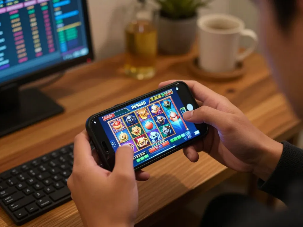 NENG4D slot mobile gaming experience in a cozy home setting, highlighting user engagement.