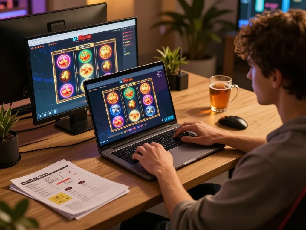 Engaging in an online casino experience at lc88vina with laptop displaying vibrant slot reels.