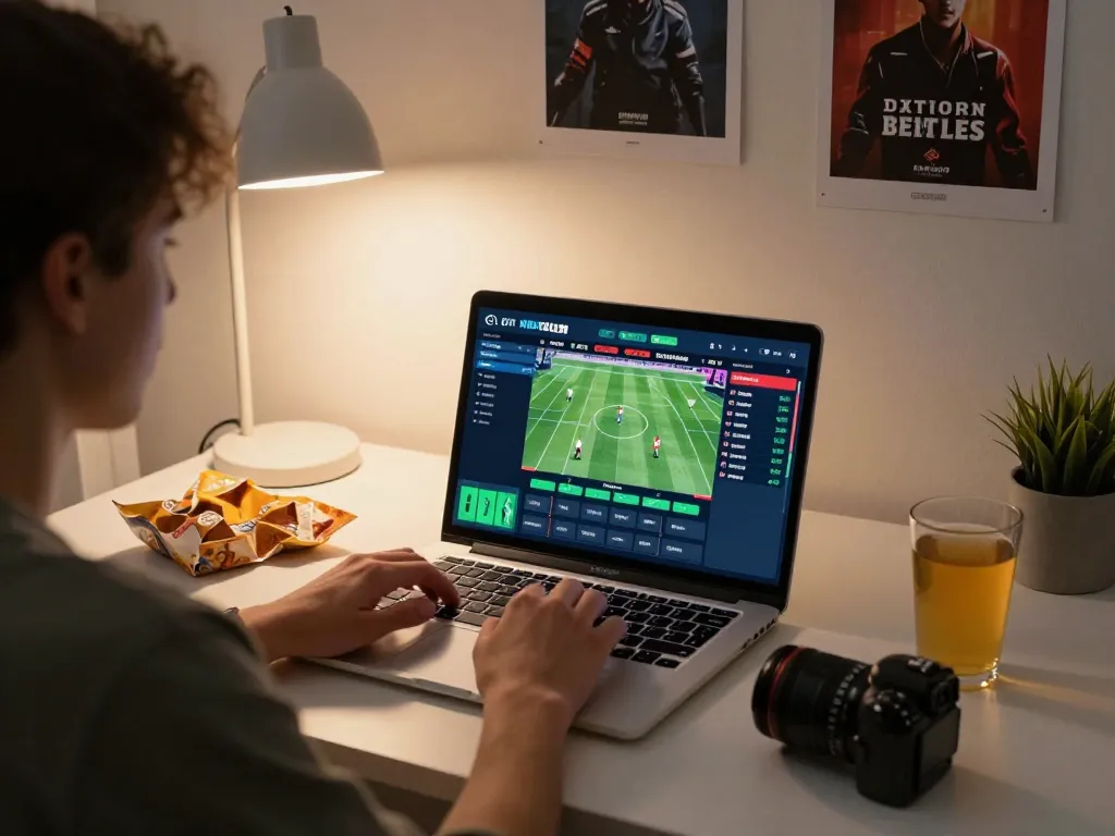 Engaging online gaming session at home with situs slot app in use, emphasizing strategic sports betting.
