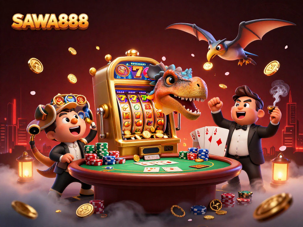 SAWA888 features a pachycephalosaurus headbutting a slot machine, surrounded by vibrant casino elements.