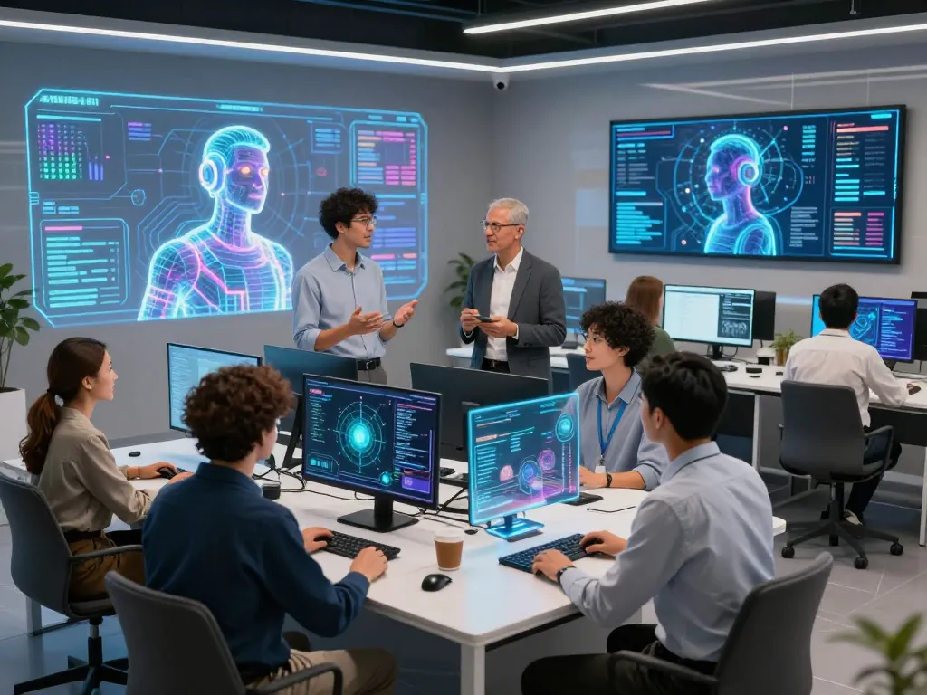 Engaging scene depicting users interacting with juicy ai technology in a modern digital workspace, showcasing vibrant AI avatars and holographic displays.