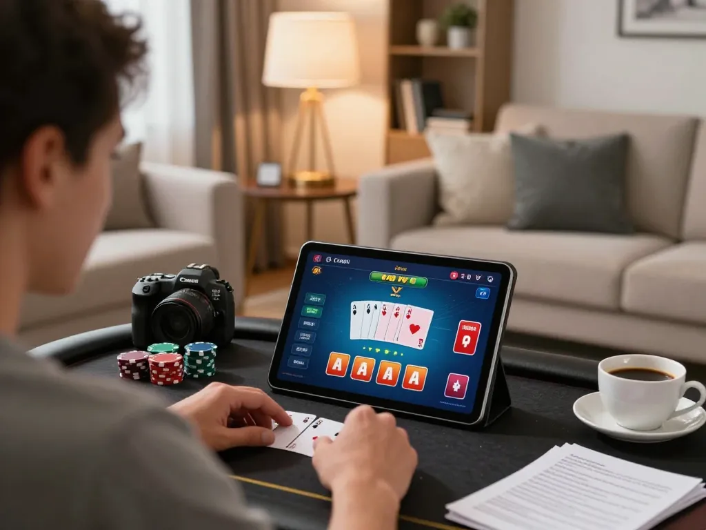 Engaging online poker action on RR88's platform, showcasing strategy notes and a cozy gaming setup.
