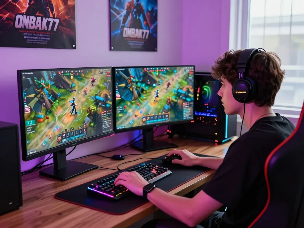 Engaging gaming scene featuring a player immersed in OMBAK77 with gaming peripherals and vibrant LED setup.