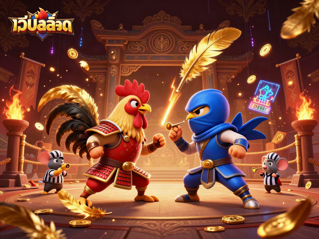 Experience the excitement of เว็บสล็อต with dynamic casino action featuring fighting roosters and golden tokens.