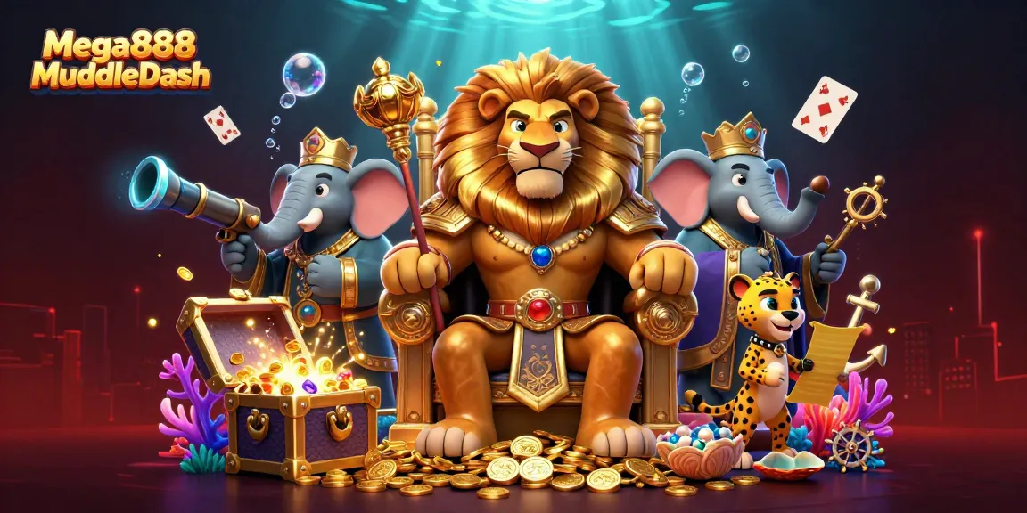 Mega888 MuddleDash showcases a lion king on a throne of coins, enhanced by vibrant casino-themed elements.