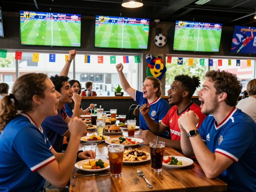 Football fans enjoying live scores at a sports bar during a match, capturing the energy of now goal.