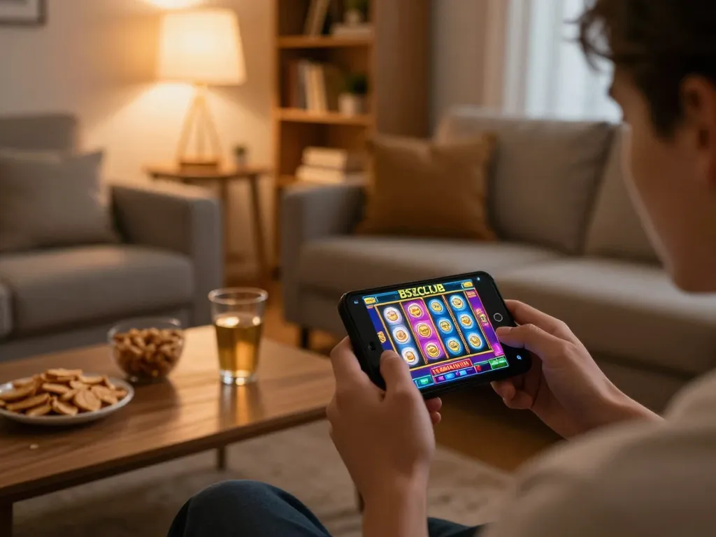 B52CLUB player engaging with online slot machine game on smartphone in cozy home setting.